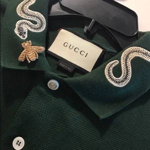 GUCCI Mens Green Pique Snake & Gold Fly Polo